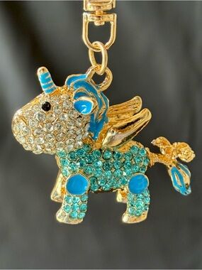 Winged Sparkly Crystal Blue Gold Unicorn Pegasus Handbag Charm & Keychain NWOT